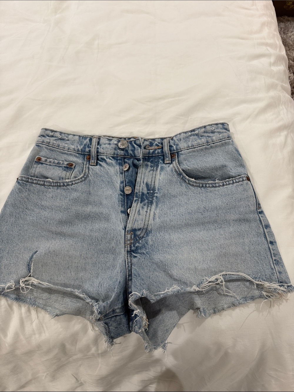 Zara Light Blue High-Rise Distressed Denim Shorts